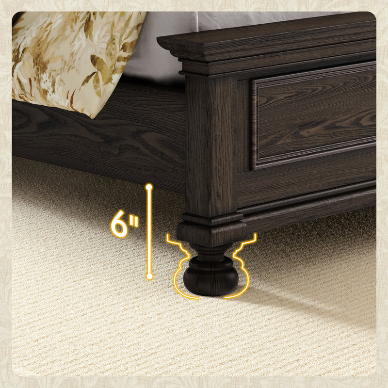 Lit Queen Size en bois massif de 165 cm de hauteur avec pieds de style romain, noyer foncé, boîte 2, Grand, Dark Walnut