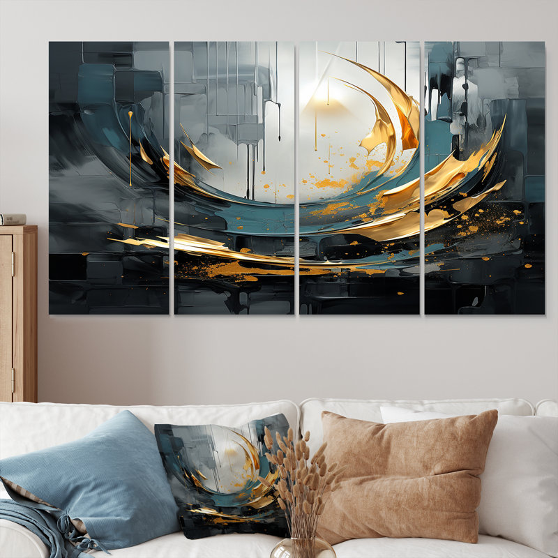 4 pièces de lumière dorée dorée sur Nuevo Blue I - Abstrait moderne, art mural, H 32 po x l 64 po