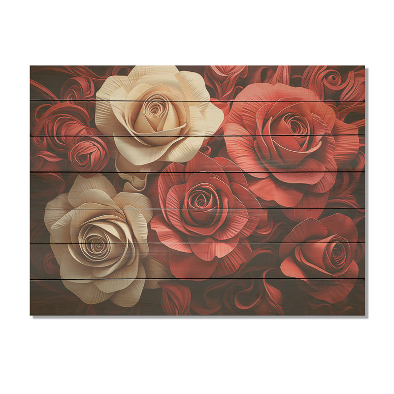 Rouge et blanc classique rose résonnant - roses sur bois, H 10 po x l 20 po x P 0,78 po