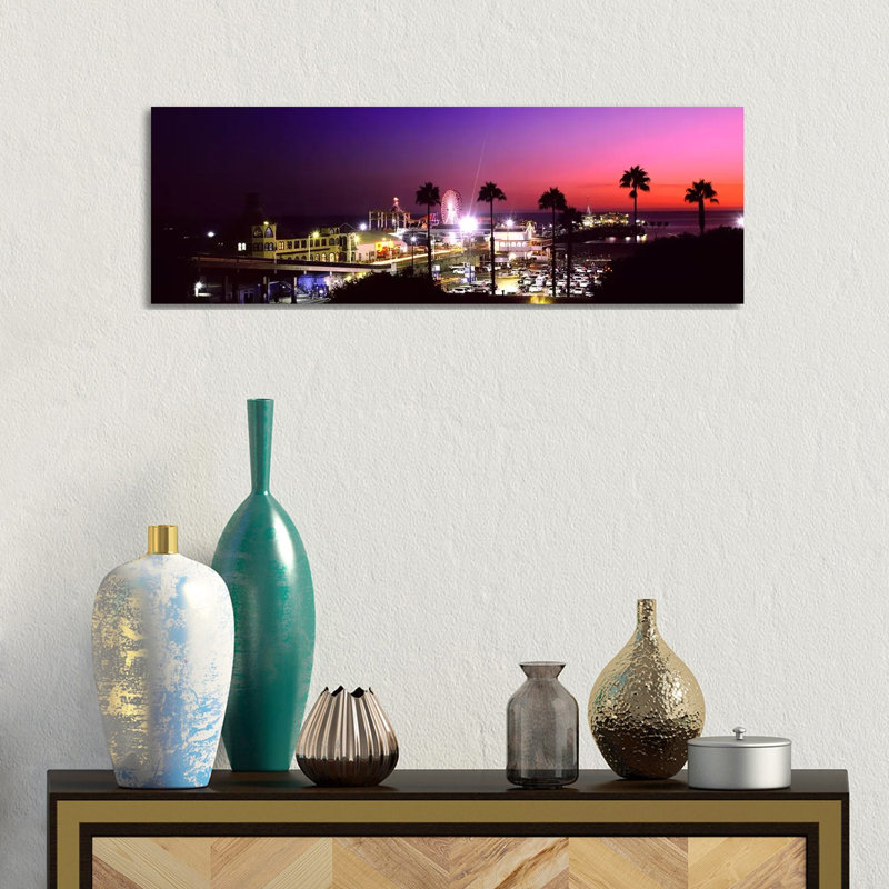 Amusement Park Lit Up At Night, Santa Monica Beach, Santa Monica - Wrapped Canvas Panoramic Print
