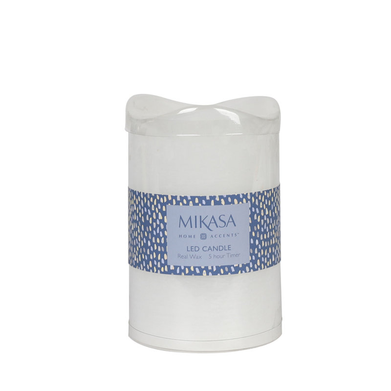 Mikasa Wavy Top LED Unscented Wax Flickering LED Pillar Candles, 6"L x 4"W