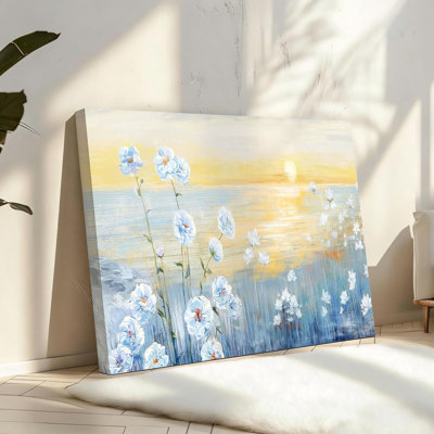 Art mural floral bleu, impression sur toile côtière moderne, plage naturelle, lever de soleil, coucher de soleil, cadre en bois massif, 16 po x 24 po