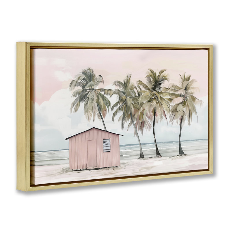  Toile flottante encadrée "Pink Beach Hut & Palms" par Arlington Prints, H 17 po x l 25 po, Cadre flottant métallique doré