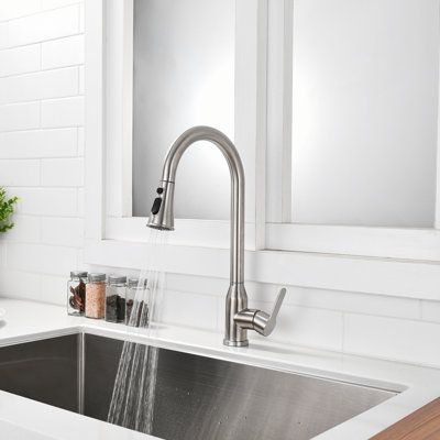 Single Handle High Arc Brushed Nickel Pull Out Kitchen Faucet,Single Level Stainless Steel Kitchen Sink Faucets with Pull Down Sprayer