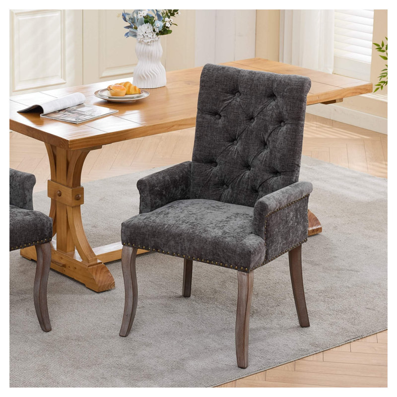 Chaise de salle à manger rembourrée en tissu chenille, structure en bois massif courbé gris, siège simple de style champêtre français