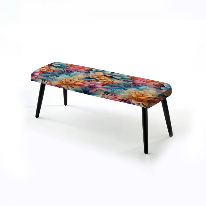 Pink And Blue Boho Paisley Playfulness - Floral Upholstered Black Bench
