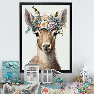 Mignon bébé chèvre avec couronne florale - animaux, art mural sur toile