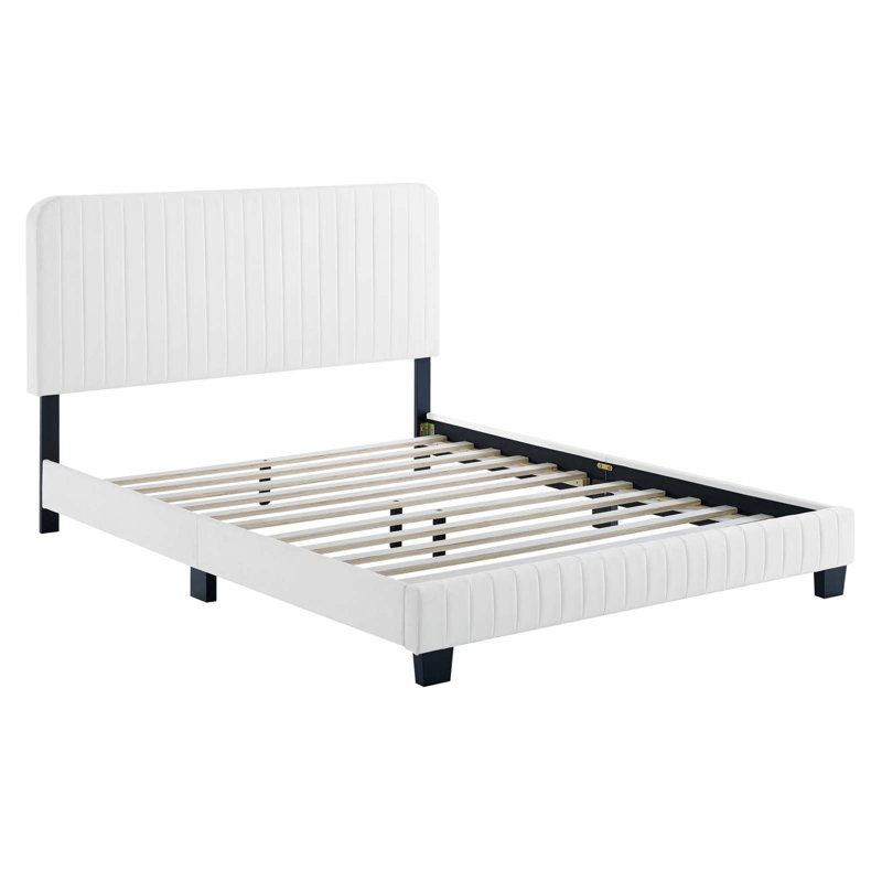 Celine Channel Tufted Performance Velvet Platform Bed, White, Queen