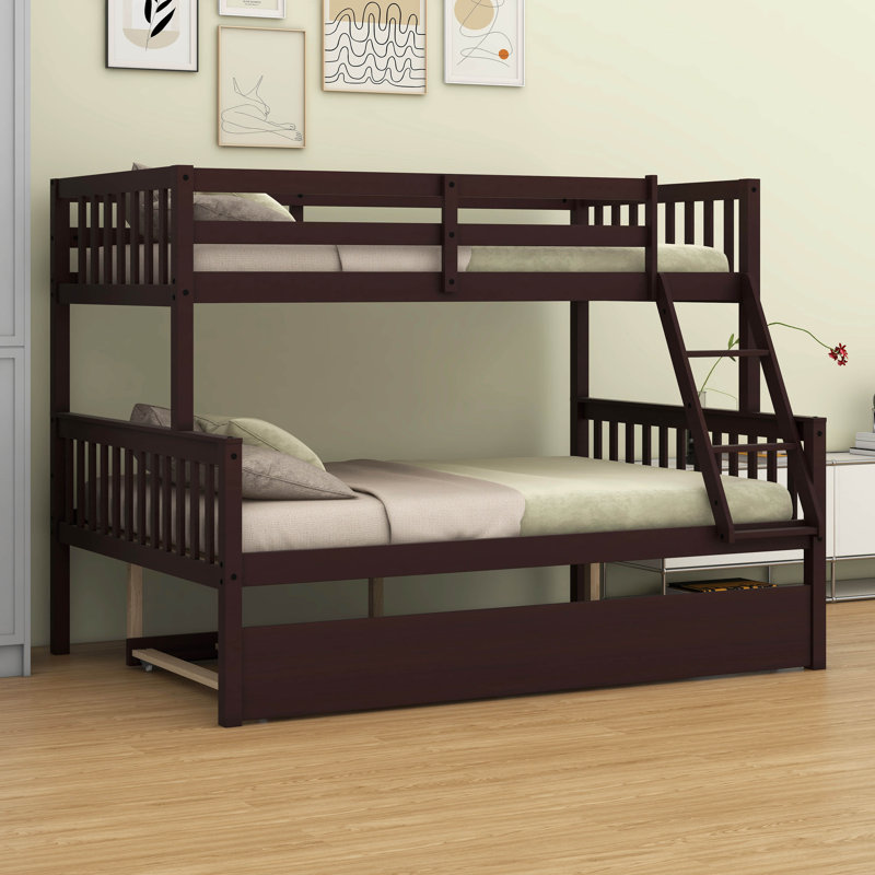 Twin Over Full Rubber Wood Bunk Bed – Twin-Size Trundle, Convertible Ladder, Guardrail & Detachable/Convertible Design