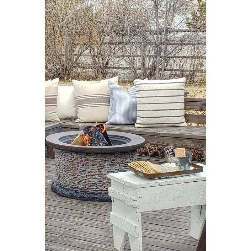 SUNJOY Nolia 32 inch Fire Pit for Outside, Outdoor Stone Wood Burning Fire Pit with Steel Mesh Spark Screen and Fire Poker, Large Bonfire for Patio and Backyard