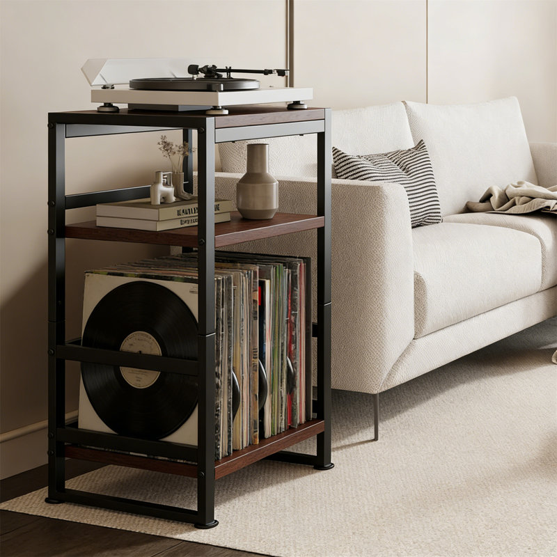 Support pour tourne-disque en vinyle à 3 niveaux avec rangement pour 120 albums, table de bout en H 28 po, Brun