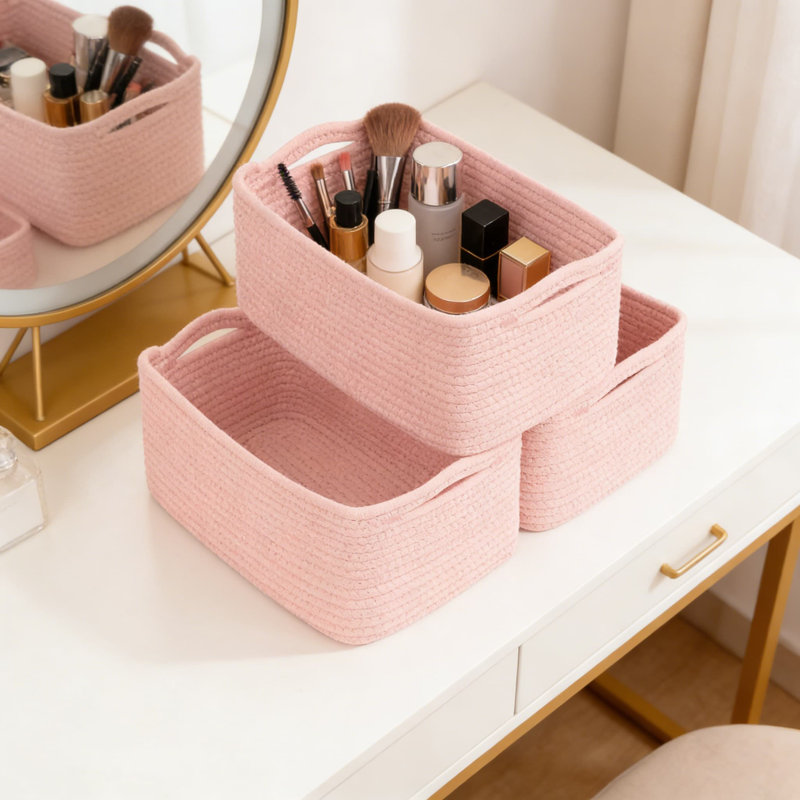 Woven Rope Storage Baskets 3-Pack, Collapsible Organizer Bins For Shelves, Closet, And Home Organization, Rectangular Decorative Baskets For Towels, Toys, And Essentials