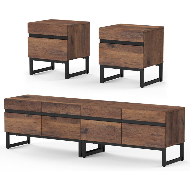 Nellie 3-Piece TV Stand And End Table Set, 70 Inch TV Stand And 2 End Table Set With 2 Drawers For Living Room, Entertainment Center, Console TV Table Living Room Table Sets,