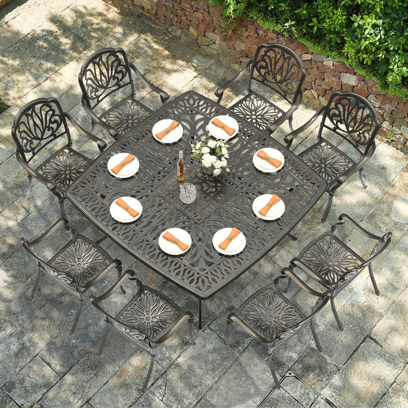 Bloomsbury Market 9-piece Outdoor Furniture Dining Set For 8, All-weather Cast Aluminum Patio Table And Chairs Set With 8 Chairs, 63.98" Large Square Dining Table And 2.2" Umbrella Hole For Patio Deck Garden