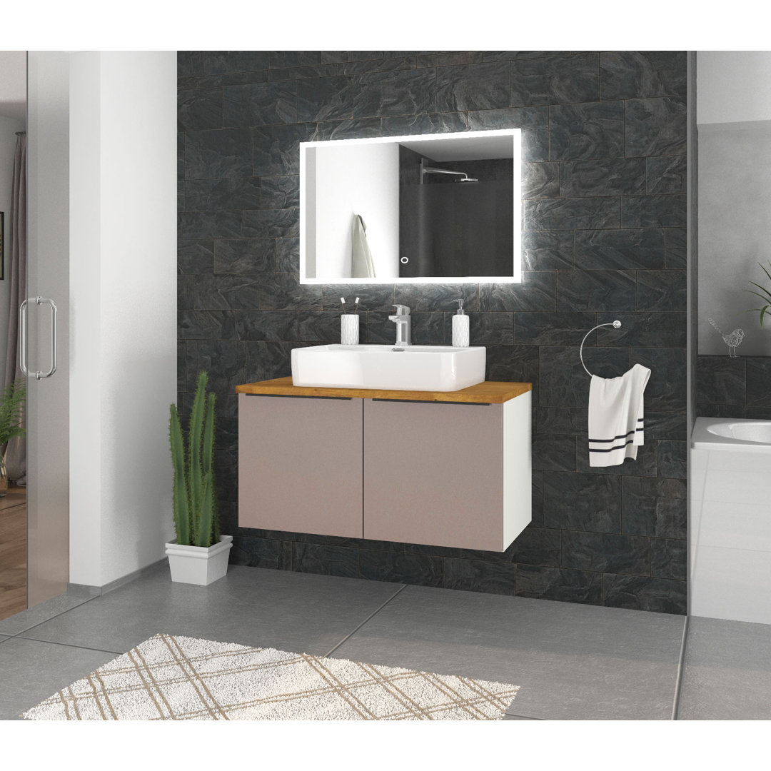 Odin washbasin with base cabinet, 96cm, alpine white / rustic oak / oak, metal handles