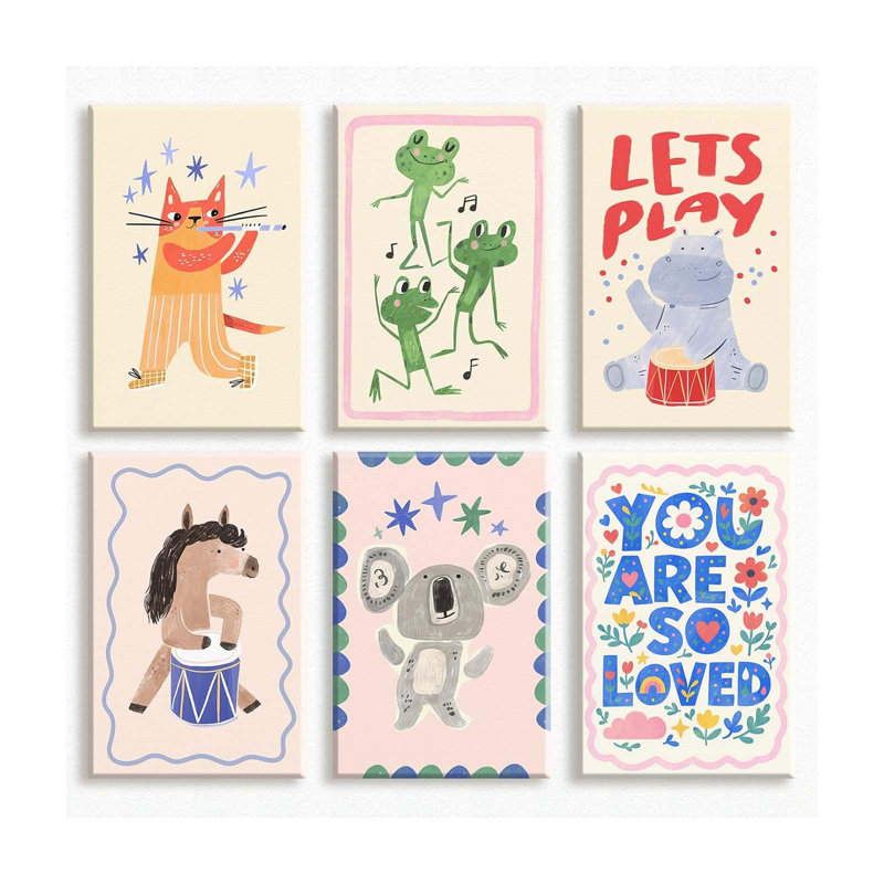 6Pcs Animal Music Concert Canvas Wall Art, Cute Frogs And Raccoon Dancing Kids Room Poster, Funny Fox Hippo And Zebra Playing Pictures, You Are So Loved Nursery Quote Print Wrapped Canvas