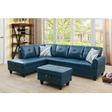97" Wide Faux Leather Linen Right Hand Facing Stationary Sofa & Chaise with Ottoman