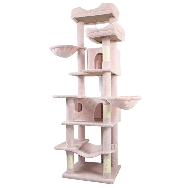 68 po, haut, rose, multi-niveaux, arbre à chat, 6 aires de jeu à niveau, coussins amovibles confortables, poteaux à griffer enveloppés, relaxant, grand arbre rose avec poteaux pour chats