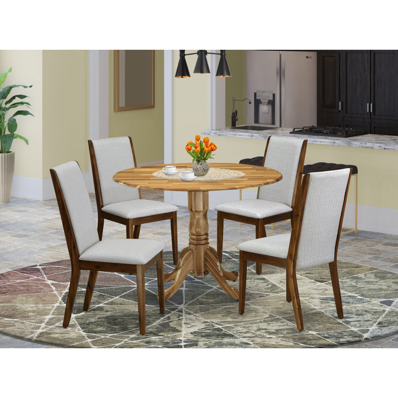 5 Piece Dining Room Table Set Includes a Round Dining Table with Dropleaf and 4 Grey Linen Fabric Upholstered Parson Chairs, 42x42 Inch, Natural