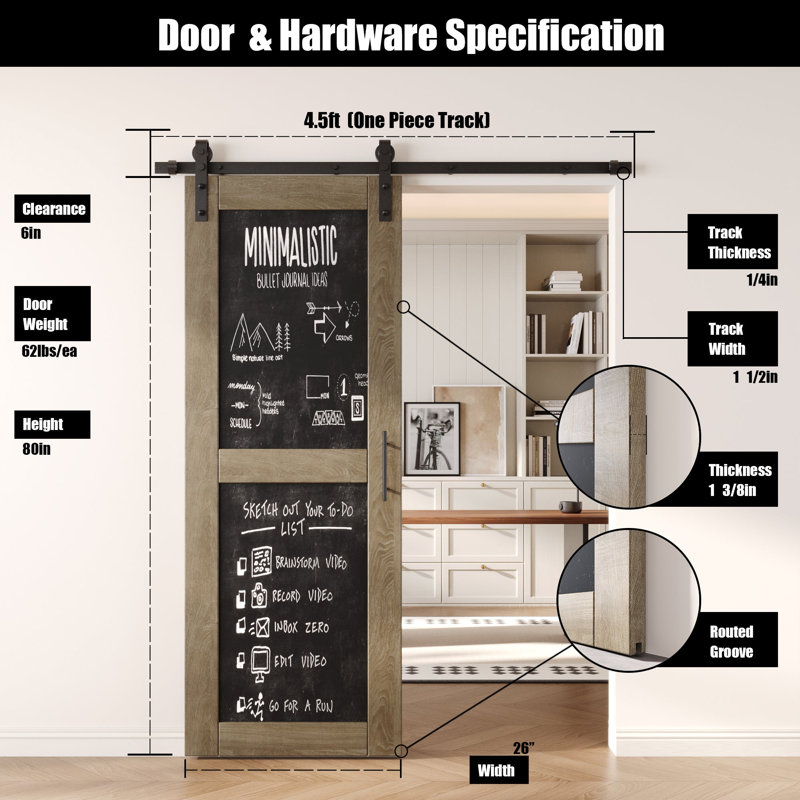 Porte de grange à 2 panneaux non assemblée et finie de style tableau noir 26 po x 80 po Homacer Classic, avec rail d'installation de 4,5 pi, usage intérieur seulement