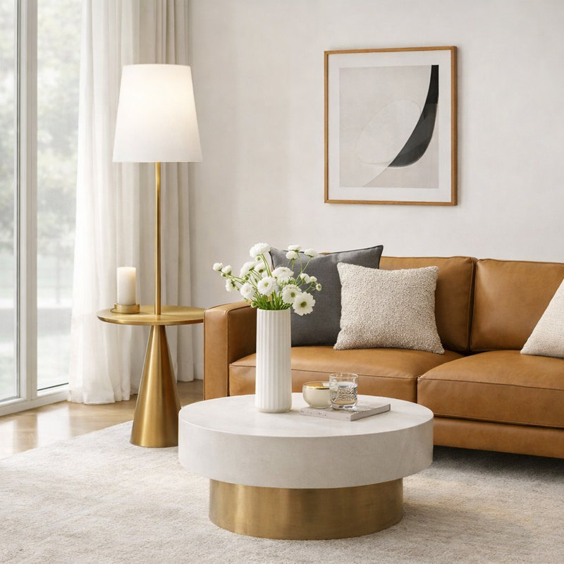 Lampe sur pied 67,5 po en laiton brossé avec table d'appoint intégrée, lampe sur pied à base cône en lin blanc à abat-jour 17 po, lampe sur pied avec tablette pour le vestibule de la chambre à coucher dans le salon, lampe décorative moderne Mid-Century, douille E26