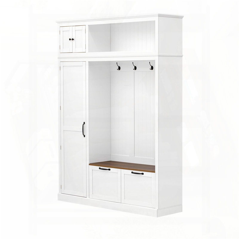 3-in-1 Hall Tree with Overhead Storage and Adjustable Shelves (White), White