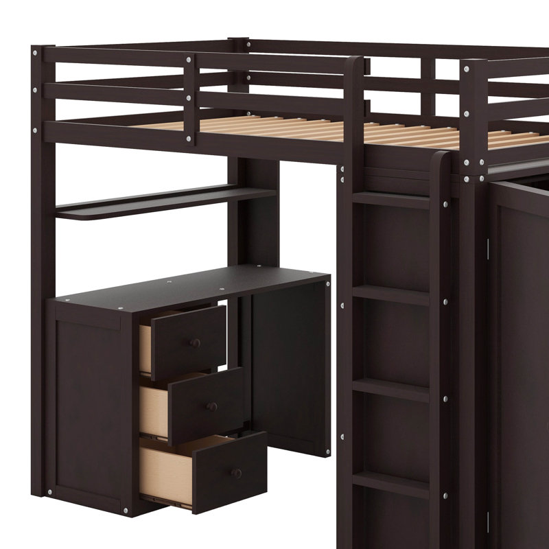 Lit mezzanine simple avec tiroirs, bureau et garde-robe, Espresso