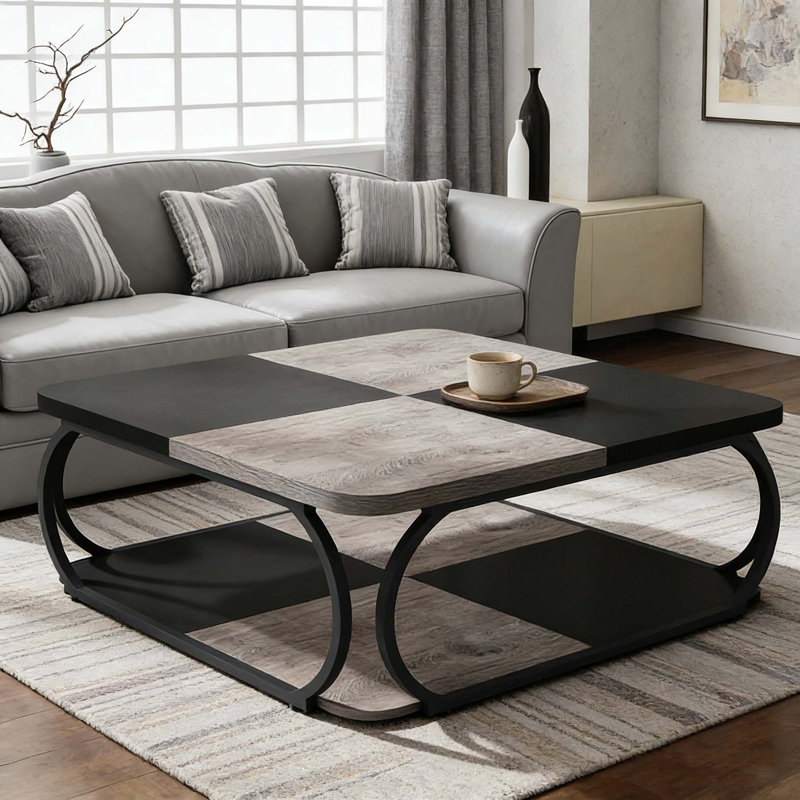 Table basse carrée centrale avec tablettes à 2 niveaux, Gris et noir