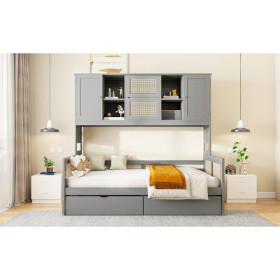 Lit de jour simple avec 2 tiroirs et armoire multifonctionnelle, solutions de rangement fonctionnelles grises