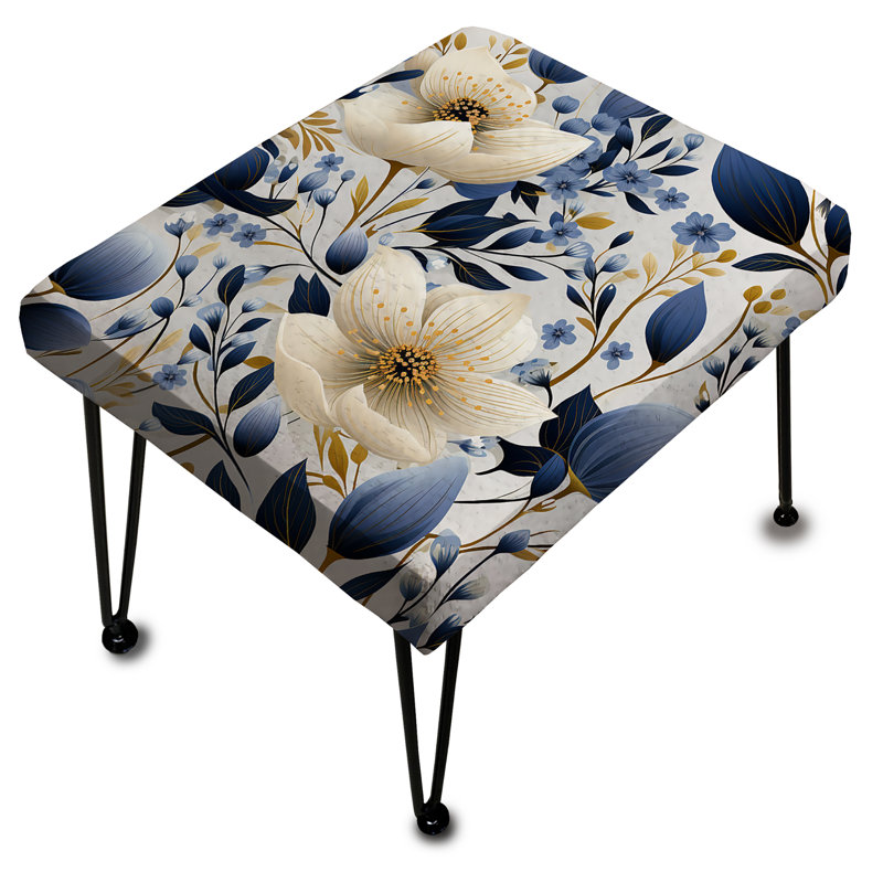 Blue & White Mystic Reverie Blooming Delights I - Floral Rectangle Ottoman