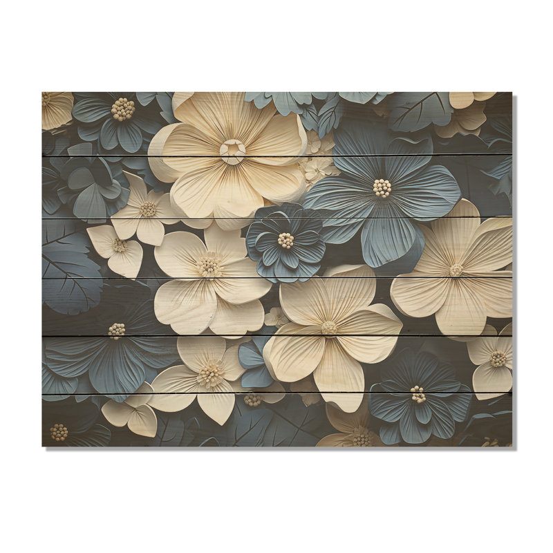 Blue And White Adorned Violets - Violets Wood Panel Wall Art On Natural Pine Wood, 10" H x 20" W