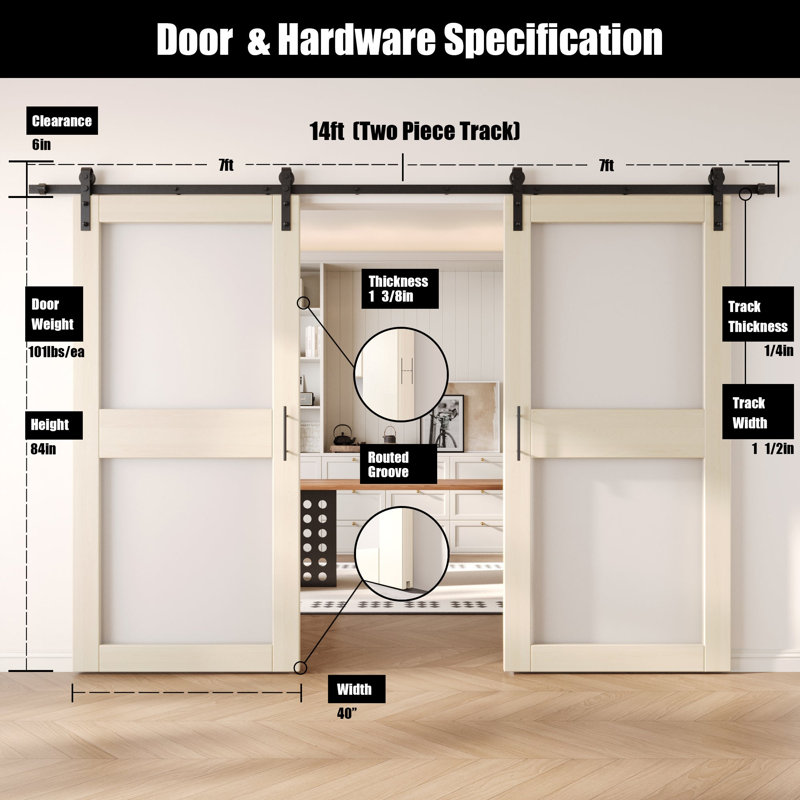Portes de grange non assemblées et finies en verre à double vitrage de 40 po x 84 po avec ensemble de quincaillerie d'installation sans dérivation Homacer Tinsmith