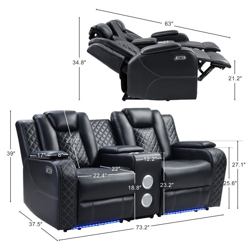 Canapé à inclinaison électrique en cuir à deux moteurs avec console et haut-parleur Bluetooth Lamica, Noir