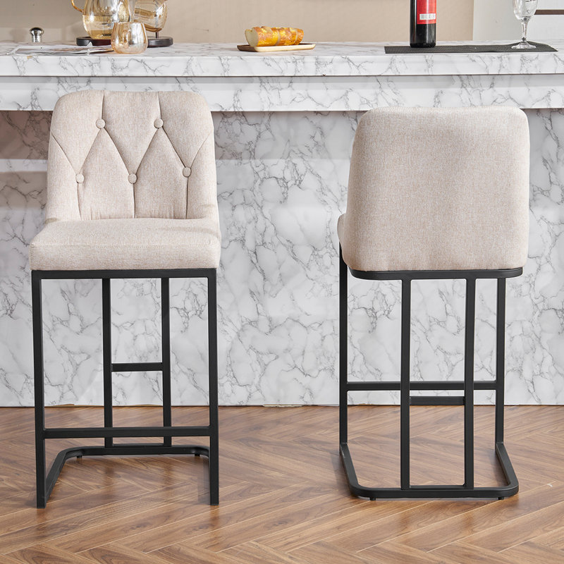 Upholstered Bar Stools Set of 2 with Sturdy Metal base and Button-Tufted Backrest, Beige
