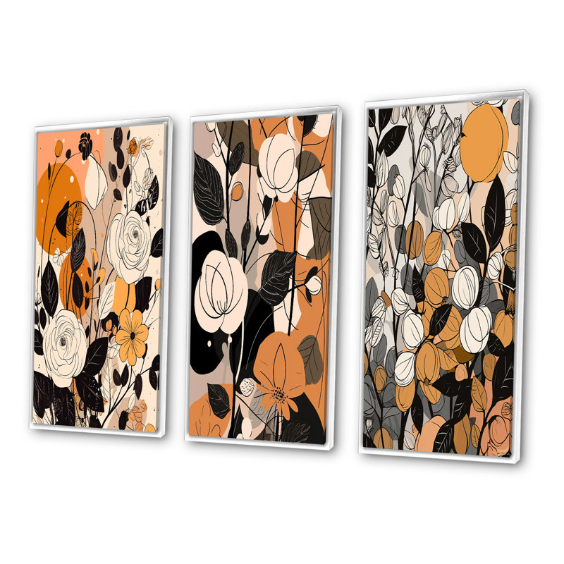 «Retro Terracotta Roses Illustration», 3 pièces, H 20 po x l 36 po, Cadre flottant blanc
