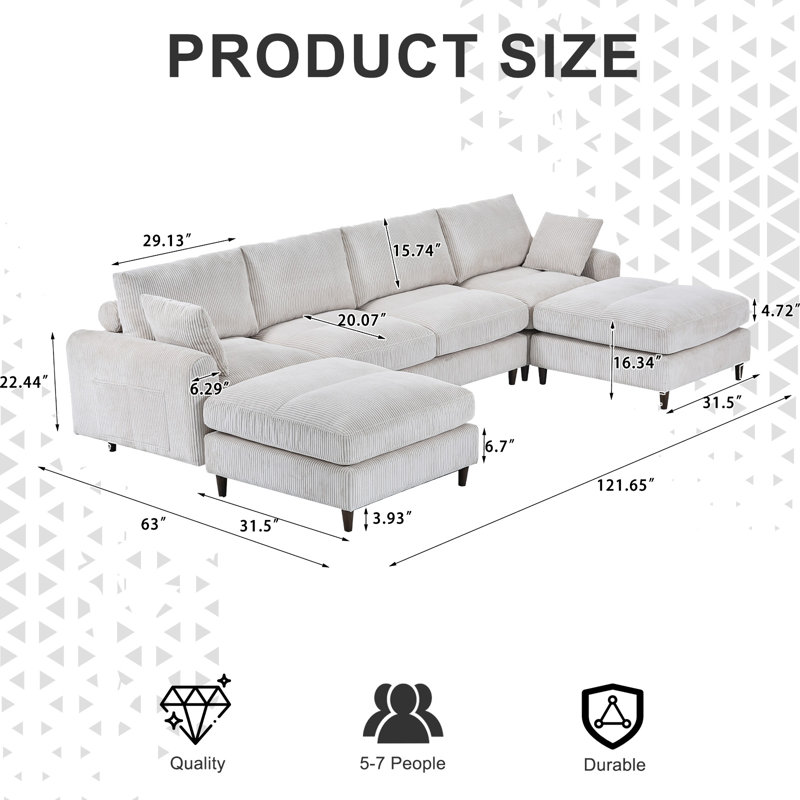 121" Modern Corduroy Modular Sectional Sofa, U-Shape & L-Shape Convertible 6-Seater with Adjustable Headrests and Storage, Memory Foam