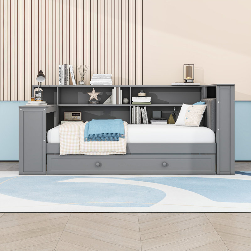 Twin Wood Daybed with Trundle and Built-in Desk, Gray