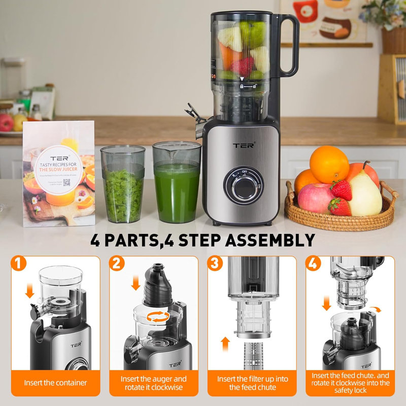Juicer Machines, Cold Press Juicer With 4.8" Wide Chute, Slow Masticating For Whole Vegetables & Fruits, Black