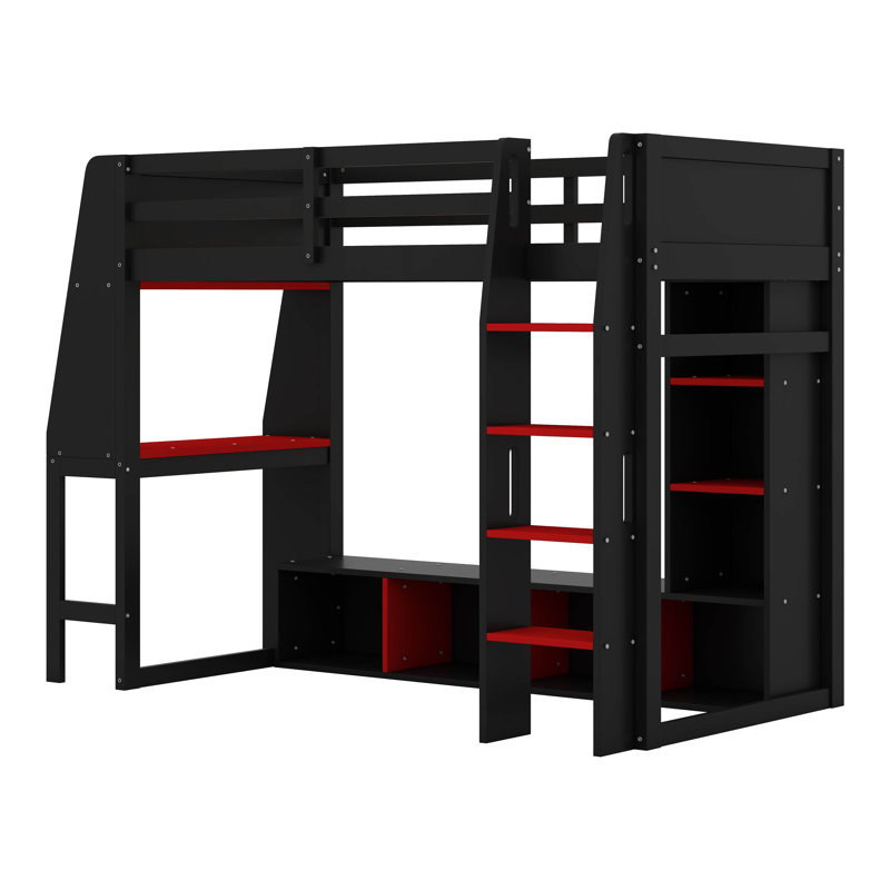 Lit mezzanine simple en bois avec bureau, étagères à rangement multiples, DEL et support à vêtements suspendu