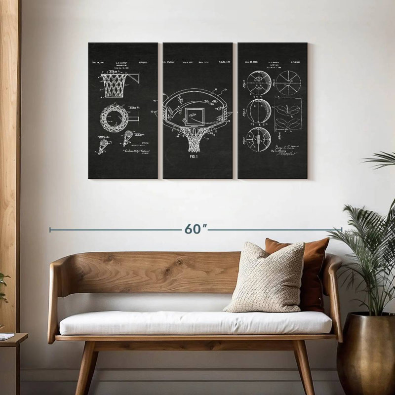 Ensemble de 3 pièces de basketball sur toile, H 28 po x l 45 po x P 1,25 po