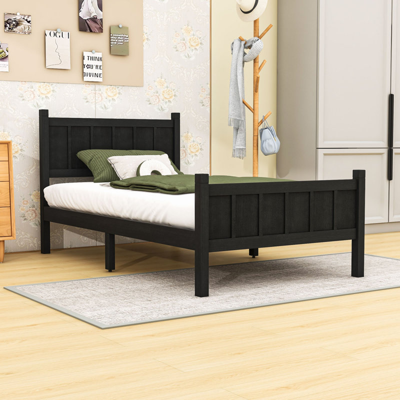 Wooden Platform Bed with Headboard, Footboard and Centre Legs, Lit simple, Noir