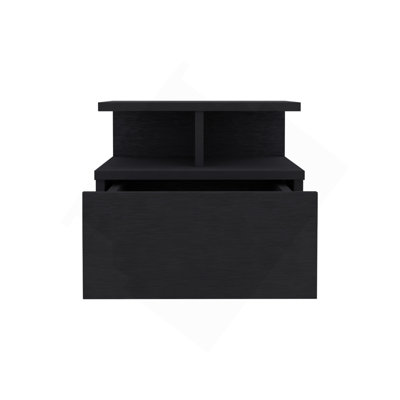 Floating Nightstand 12"H, Wall Mounted With Single Drawer And 2-Tier Shelf, Black
