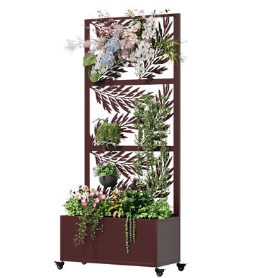  75" Mobile Metal Planter Box With Trellis, Outdoor Raised Garden Bed With Privacy Screen & Lockable Wheels, Rust-Proof Galvanized Steel For Patio, Balcony & Deck