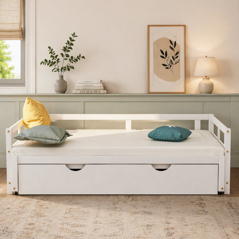 Lit de jour extensible avec couchette, lit de jour en bois pour un espace de couchage supplémentaire et polyvalent, blanc