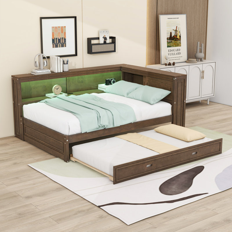Lit de jour double en bois avec couchette et rangement et station de charge USB, Bois antique