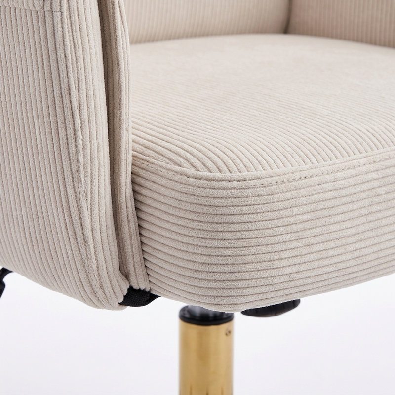 Chaise de bureau ergonomique blanche à dossier moyen en velours côtelé avec base dorée
