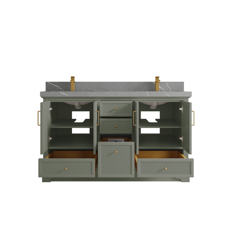 Meuble-lavabo double autoportant 60 po avec plateau en quartz Alys (option boutons)