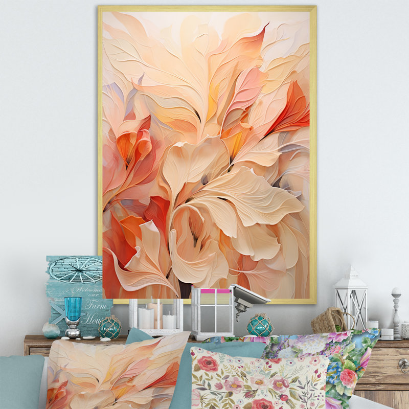 Fleurs de pêche minimalistes encadrées sur toile, Or, H 32 po x l 24 po x P 1 po