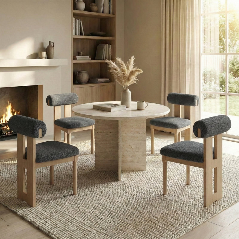 Abentego Solid Wood Fabric Dining Chair, Dark Gray, 4