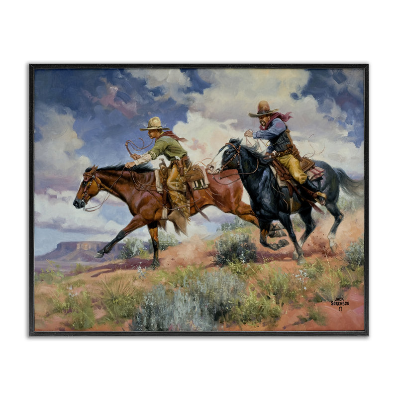 Trouble's A Comin 'Cowboys, estampe numérique, design par Jack Sorenson, H 16 po x l 20 po, Giclée encadrée noir minuit